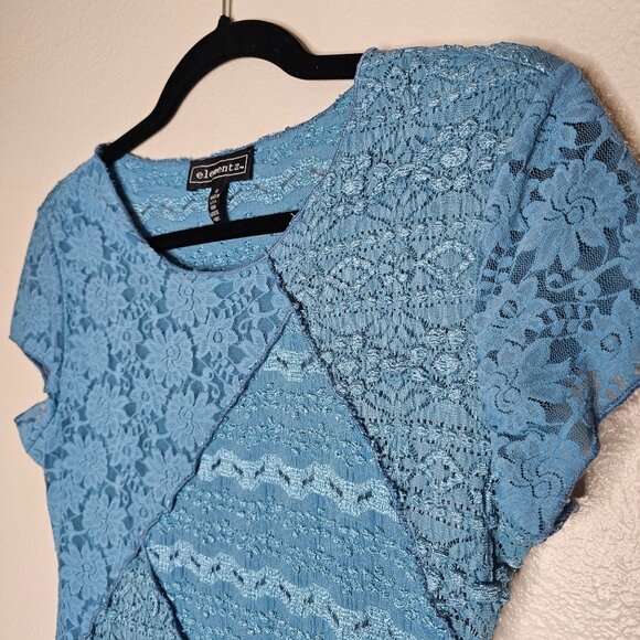 Elementz Y2K Size Small Blue Baby Tee Fairycore Patchwork Floral Lace Textured - Picture 2 of 8